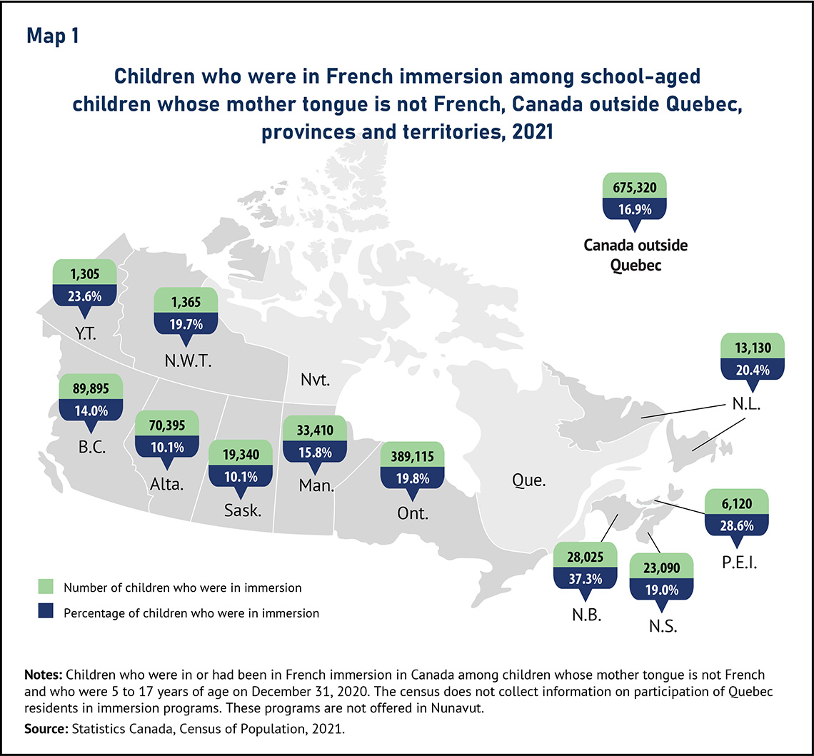 Map 1 Children who were in French immersion among school-aged children whose mother tongue is not French, Canada outside Quebec, provinces and territories, 2021