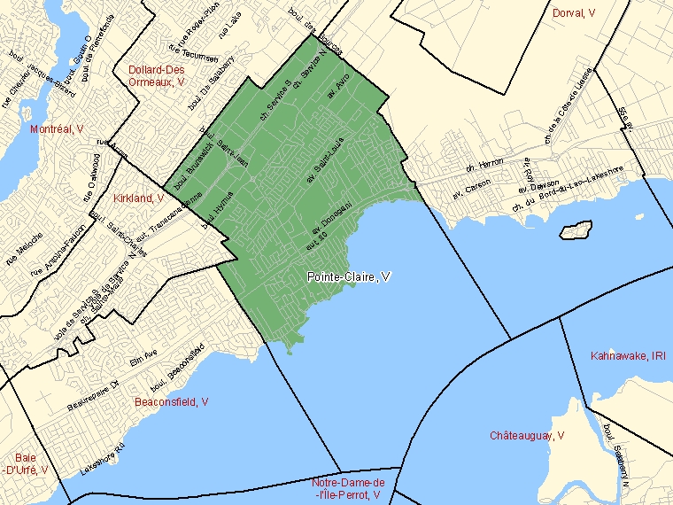 Map: Pointe-Claire, Ville, Census Subdivision (shaded in green), Quebec