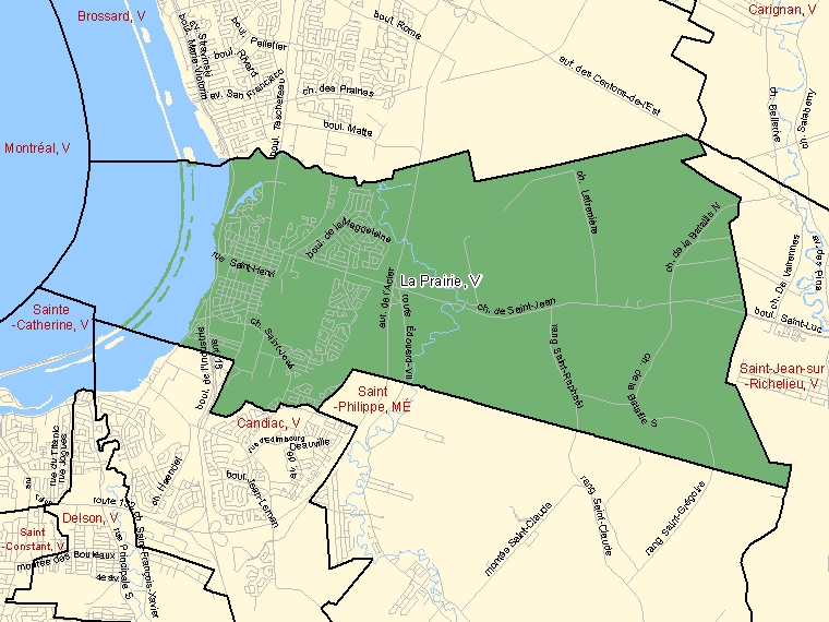 Map: La Prairie, Ville, Census Subdivision (shaded in green), Quebec