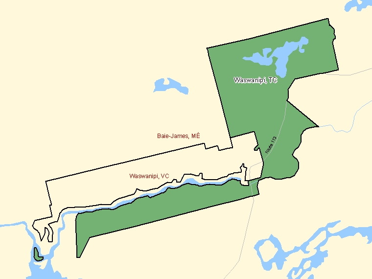 Map: Waswanipi, Terres réservées aux Cris, Census Subdivision (shaded in green), Quebec
