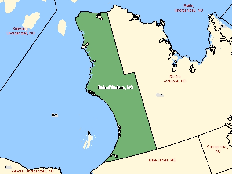 Map: Baie-d'Hudson, Unorganized, Census Subdivision (shaded in green), Quebec