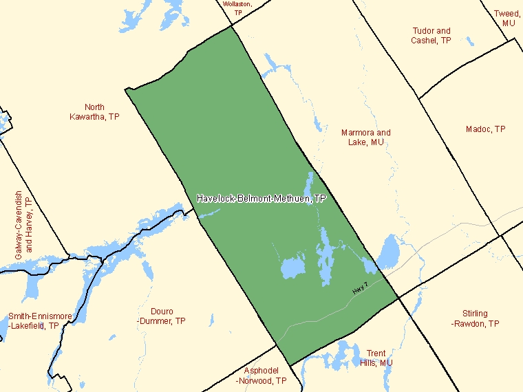 Map: Havelock-Belmont-Methuen, Township, Census Subdivision (shaded in green), Ontario